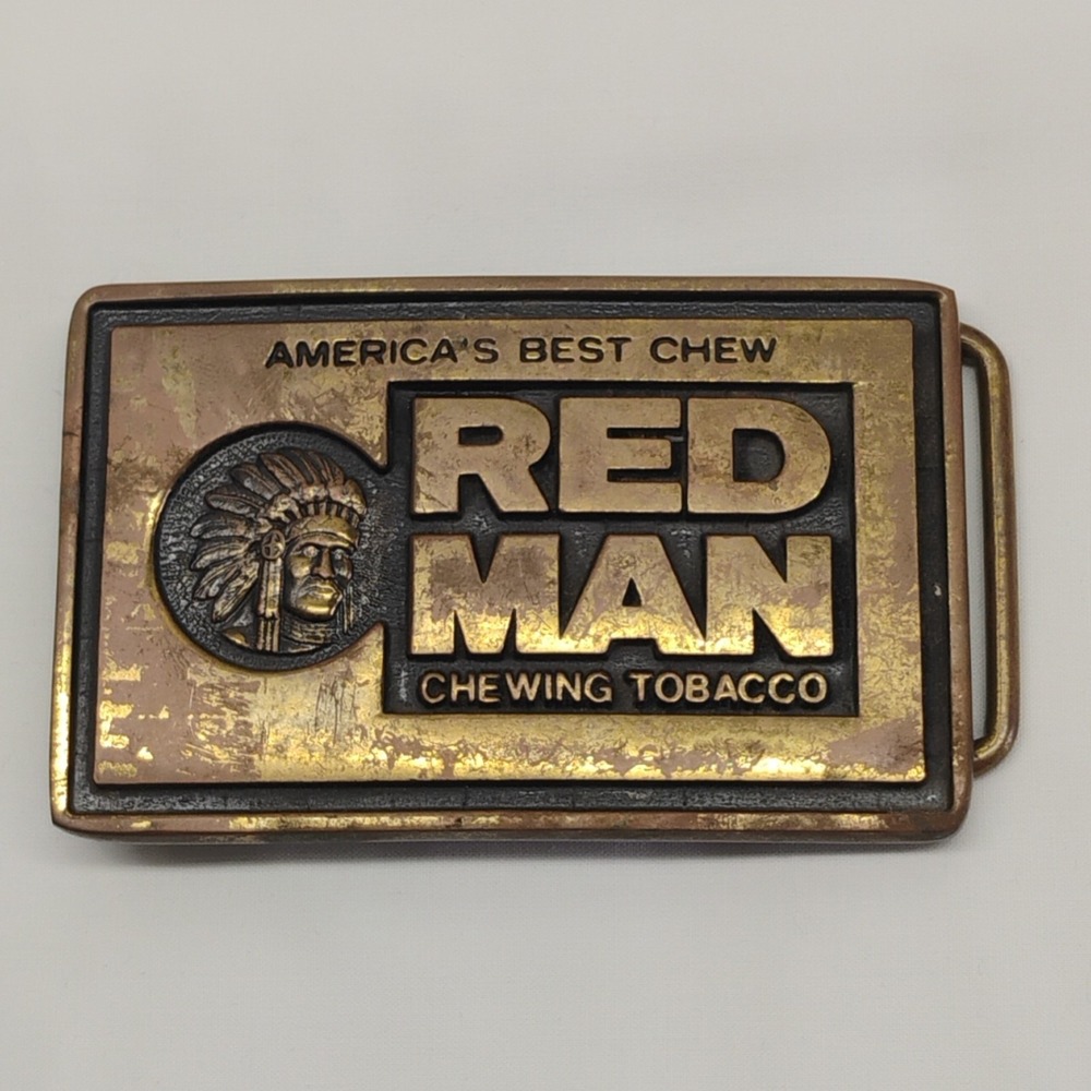 Vintage 80s BTS RED MAN CHEWING TOBACCO Solid Brass USA Advertising‎ Belt Buckle